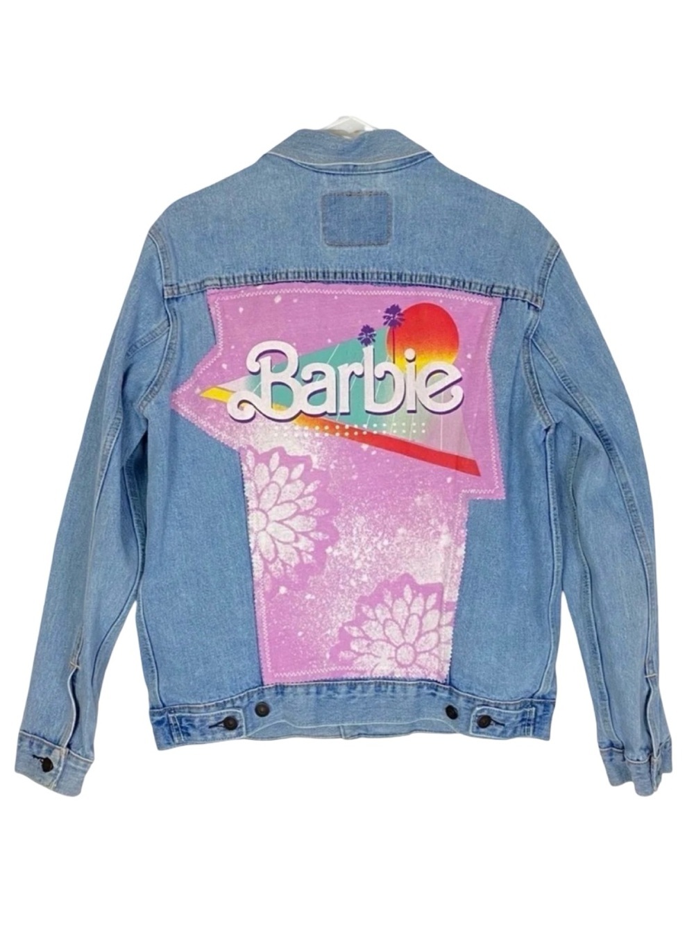 Levis Barbie Denim Boyfriend Trucker Jean Jacket Womens Large Blue Pink Custom